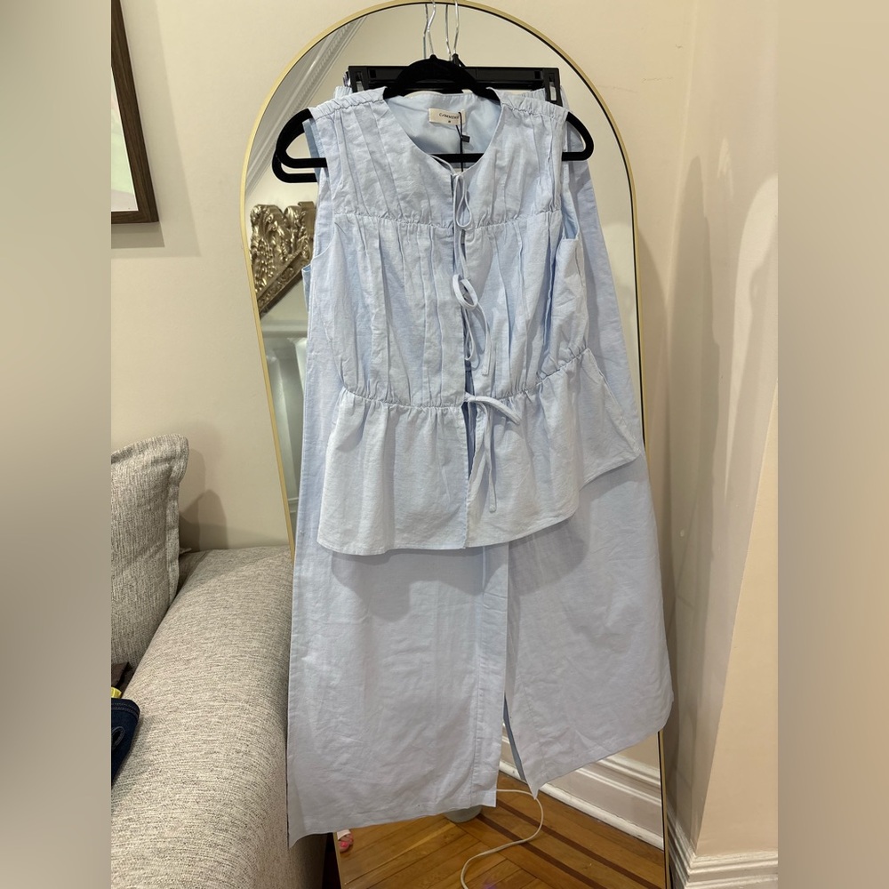NWT Commense Light Blue triple tie peplum top and wide Leg pant cotton linen set
